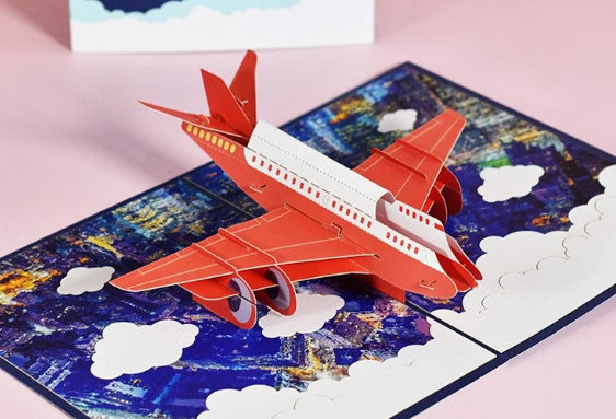 BLUE POP UP CARD RED AIRPLANE